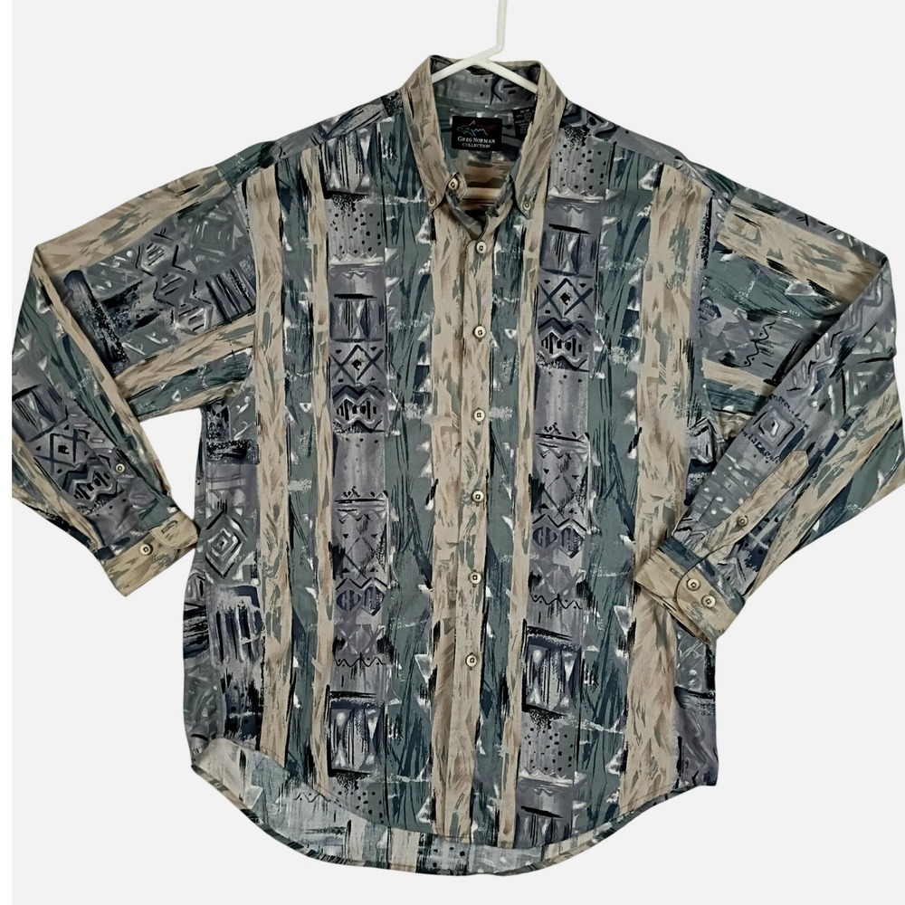 Greg Norman Button Down Abstract Tribal Mens Medium Grey Vintage Golf Shirt